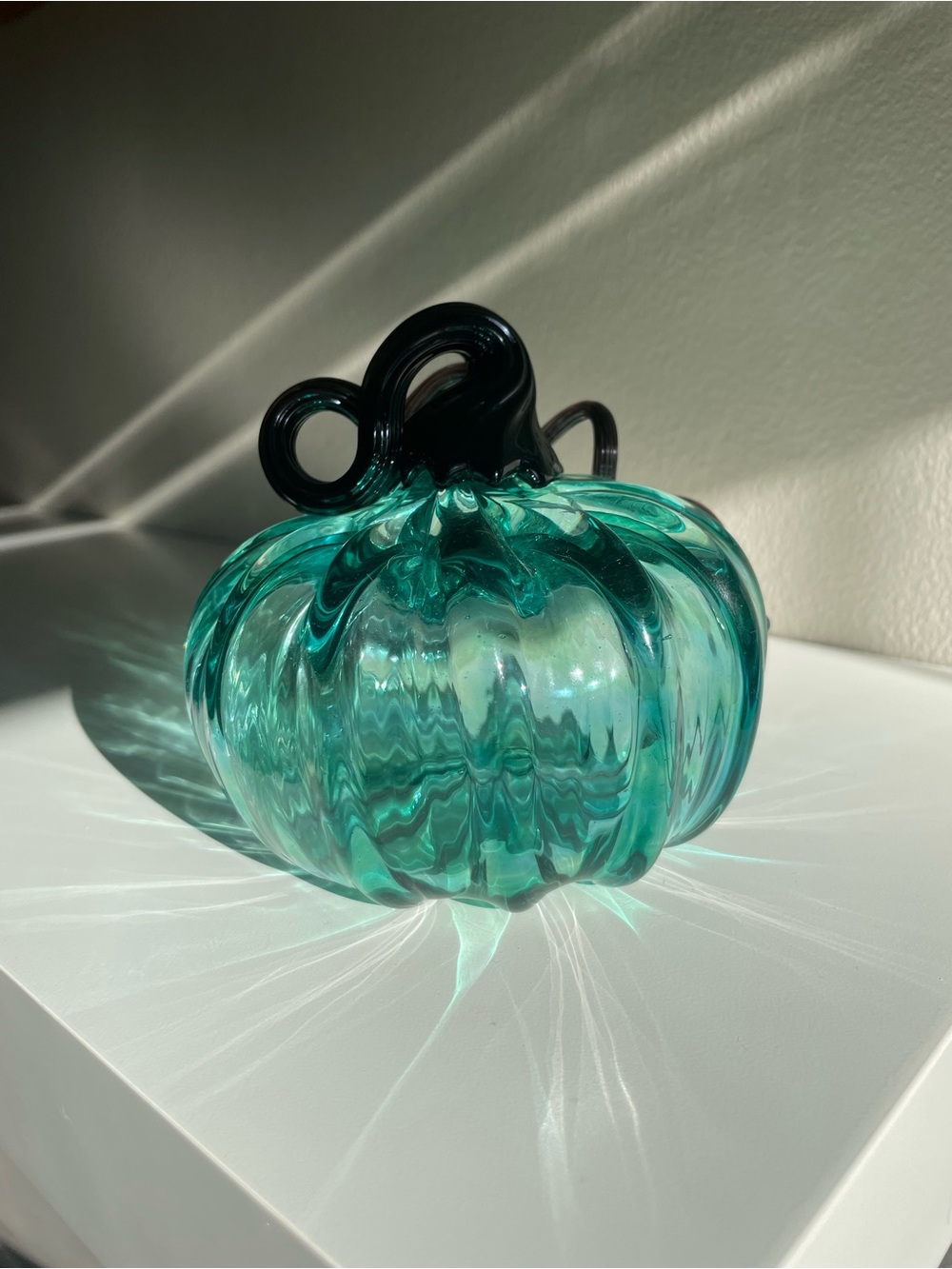 Teal Glass Pumpkin Sculpture with Dark Stem - Picture 3 of 12